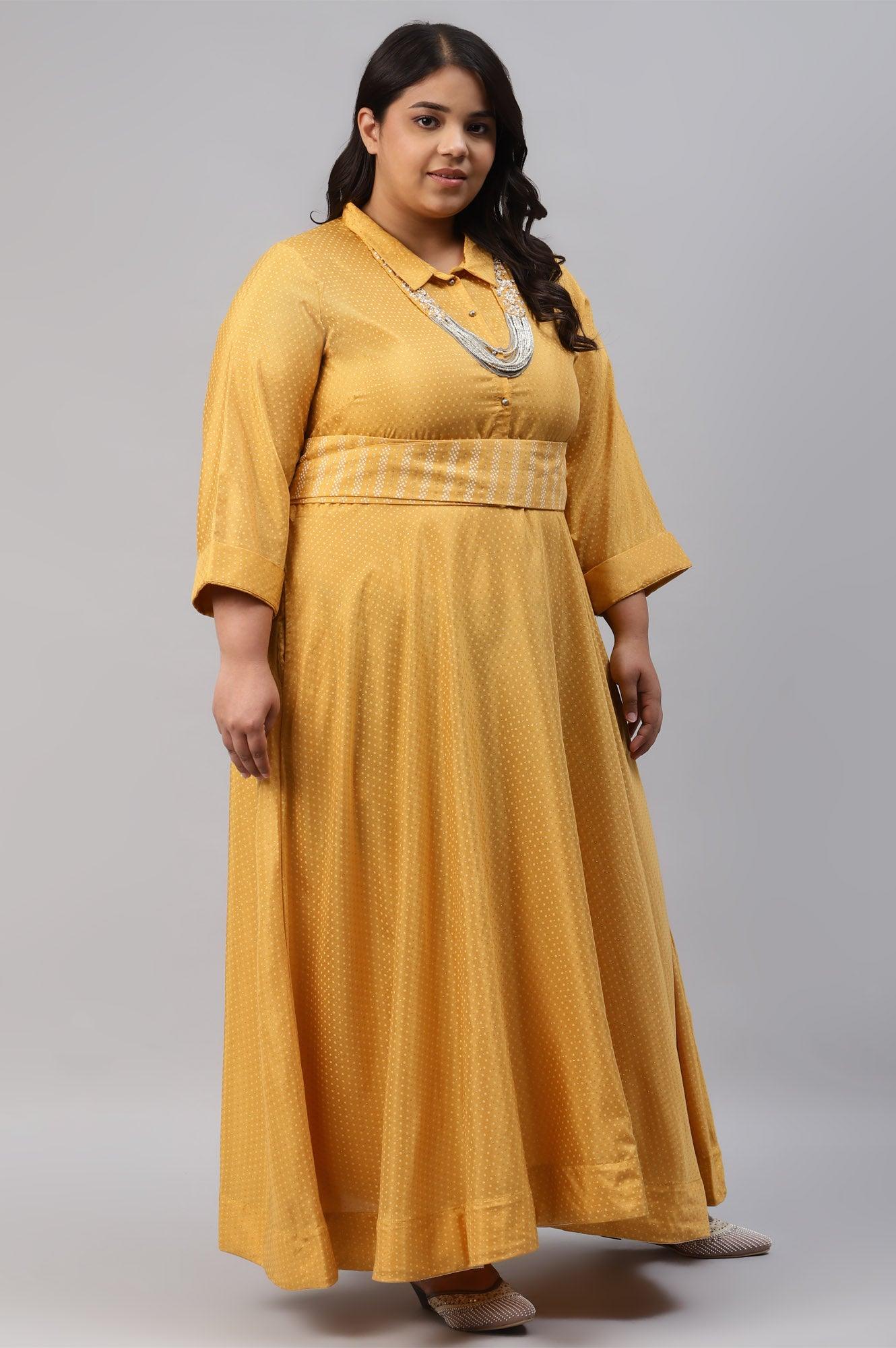 W for Woman Yellow Glitter Printed Plus Size Shirt Dress With Embroidered Neckpiece  Grab2Buy WforWoman Grab2Buy