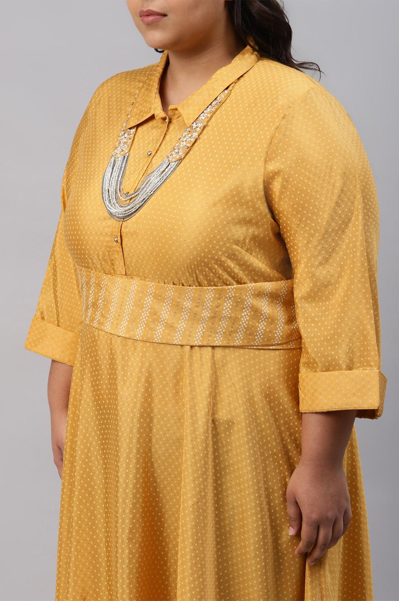 W for Woman Yellow Glitter Printed Plus Size Shirt Dress With Embroidered Neckpiece  Grab2Buy WforWoman Grab2Buy