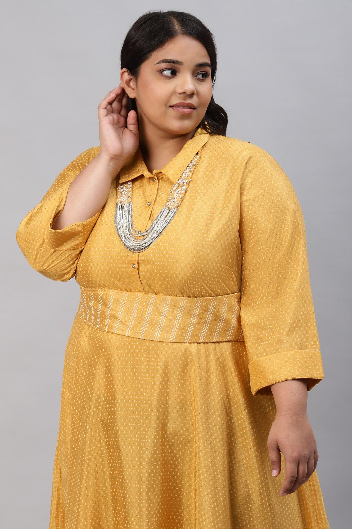W for Woman Yellow Glitter Printed Plus Size Shirt Dress With Embroidered Neckpiece  Grab2Buy WforWoman Grab2Buy