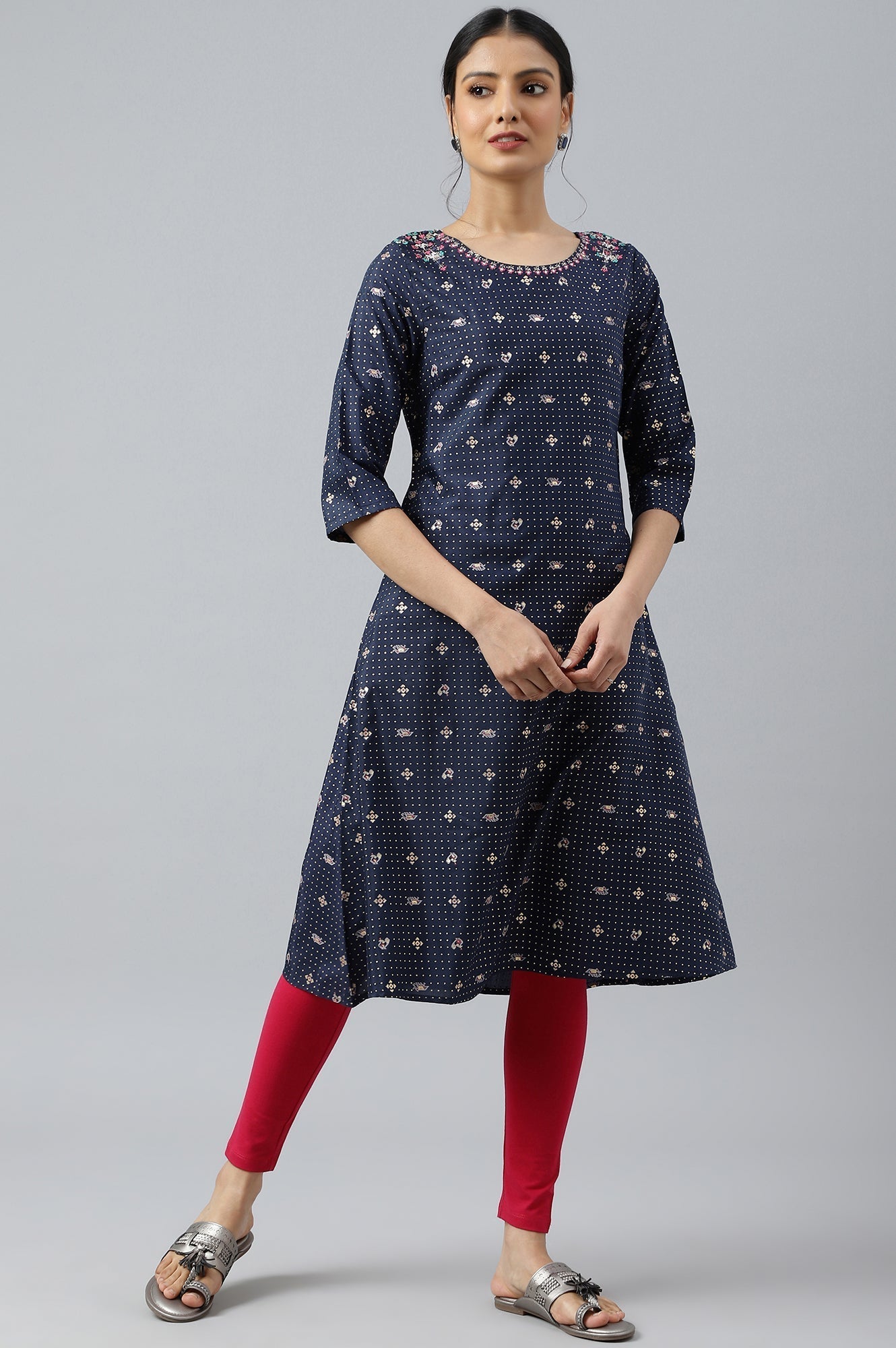 W for Woman Navy Blue Printed A-Line kurta With Embroidery