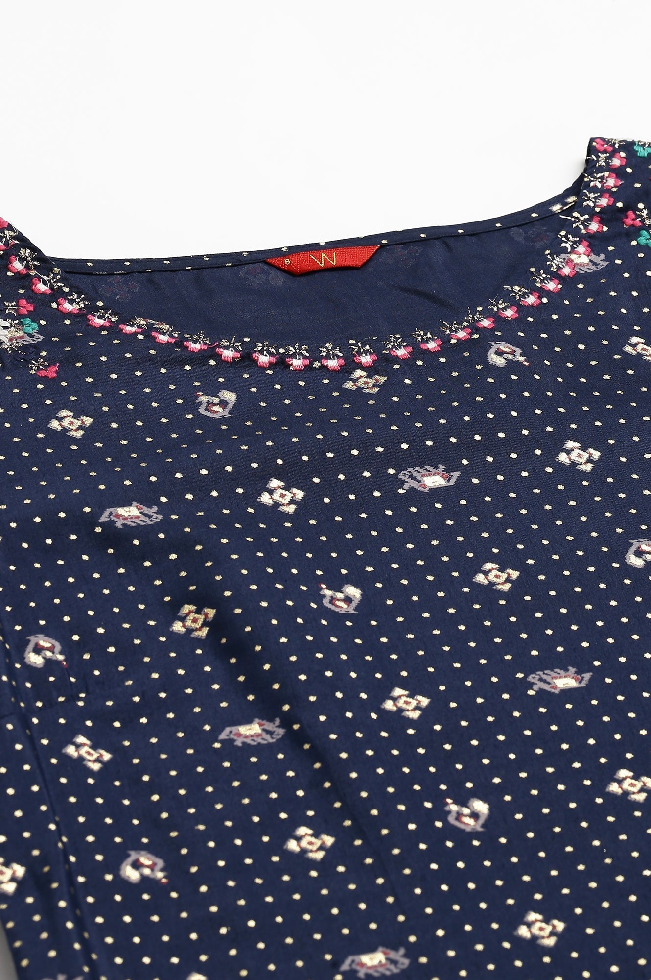 W for Woman Navy Blue Printed A-Line kurta With Embroidery