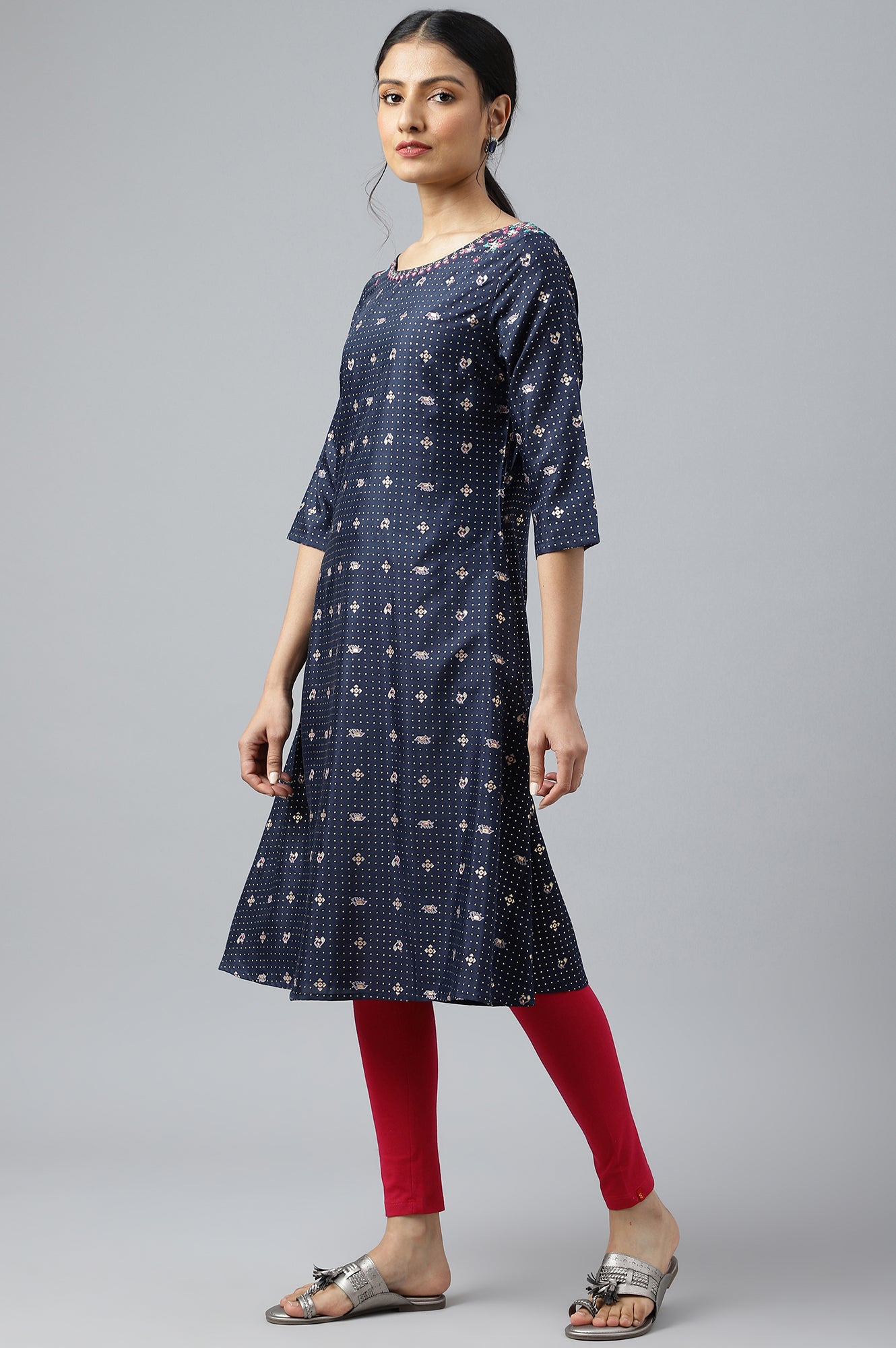 W for Woman Navy Blue Printed A-Line kurta With Embroidery
