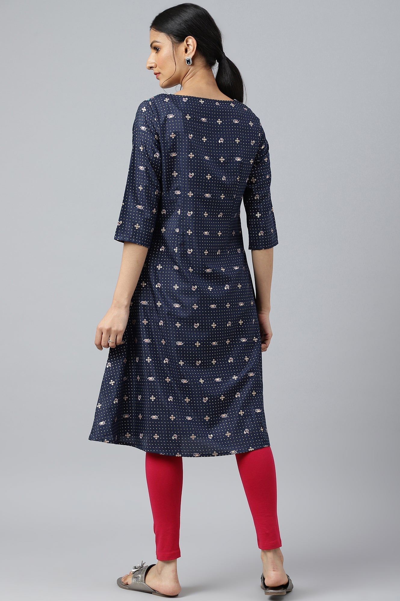 W for Woman Navy Blue Printed A-Line kurta With Embroidery