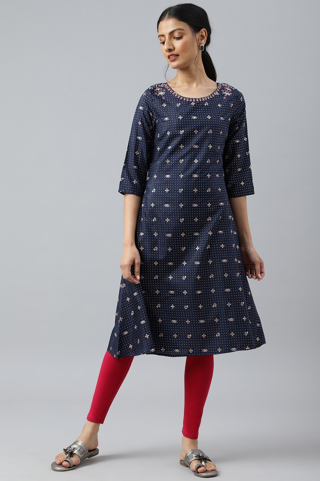 W for Woman Navy Blue Printed A-Line kurta With Embroidery