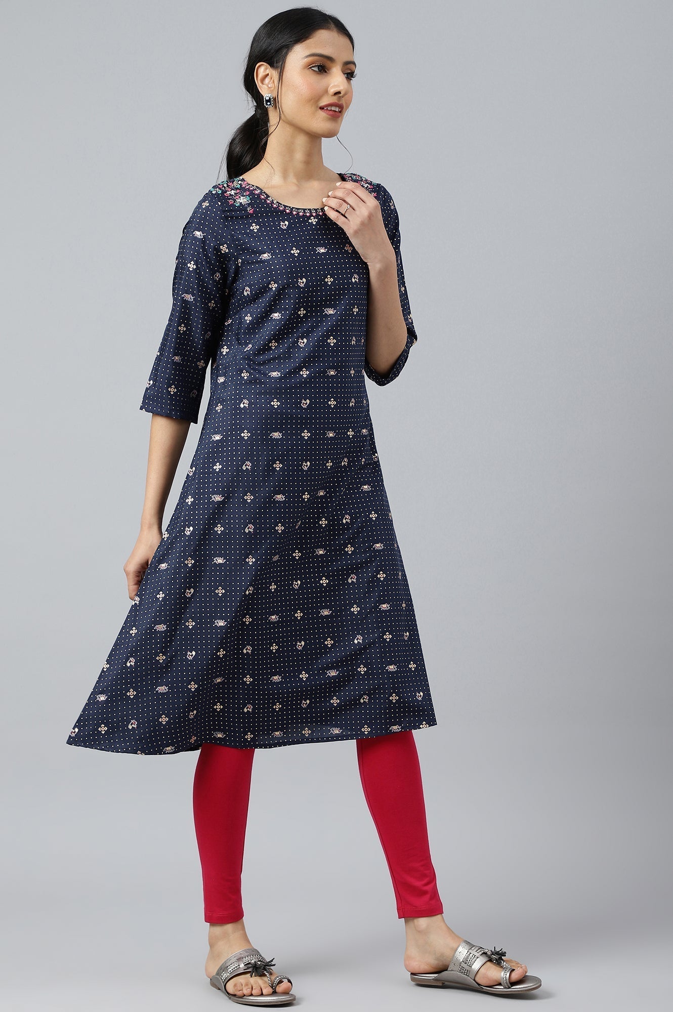 W for Woman Navy Blue Printed A-Line kurta With Embroidery
