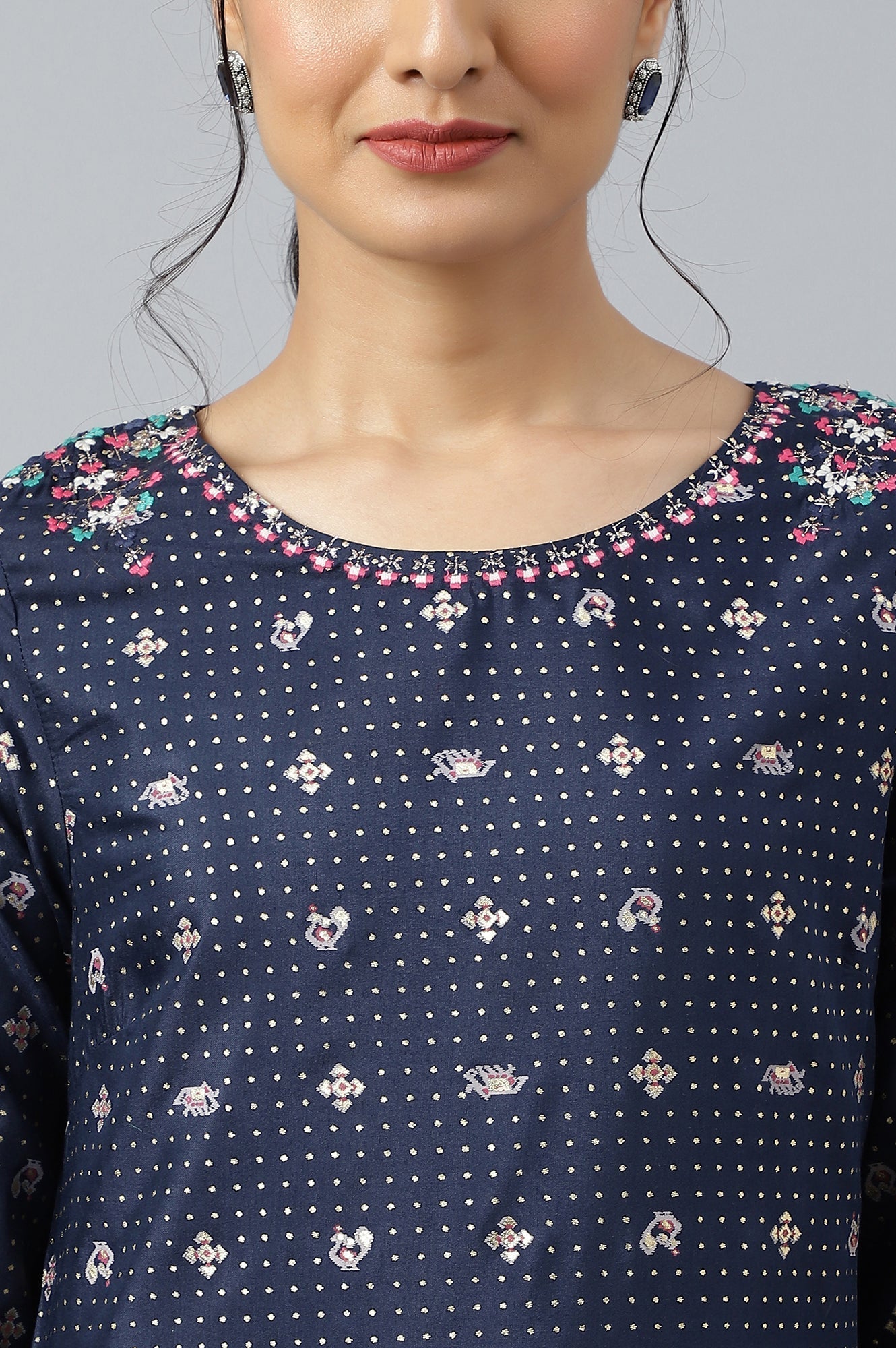W for Woman Navy Blue Printed A-Line kurta With Embroidery