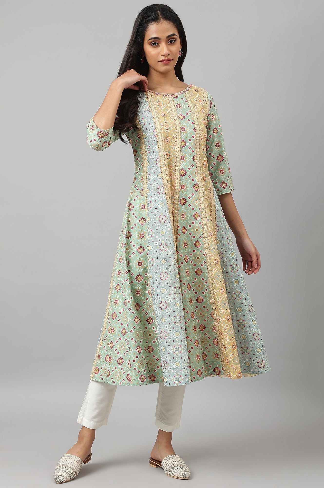 W for Woman Light Green and Yellow Panelled Kurta with Bead work