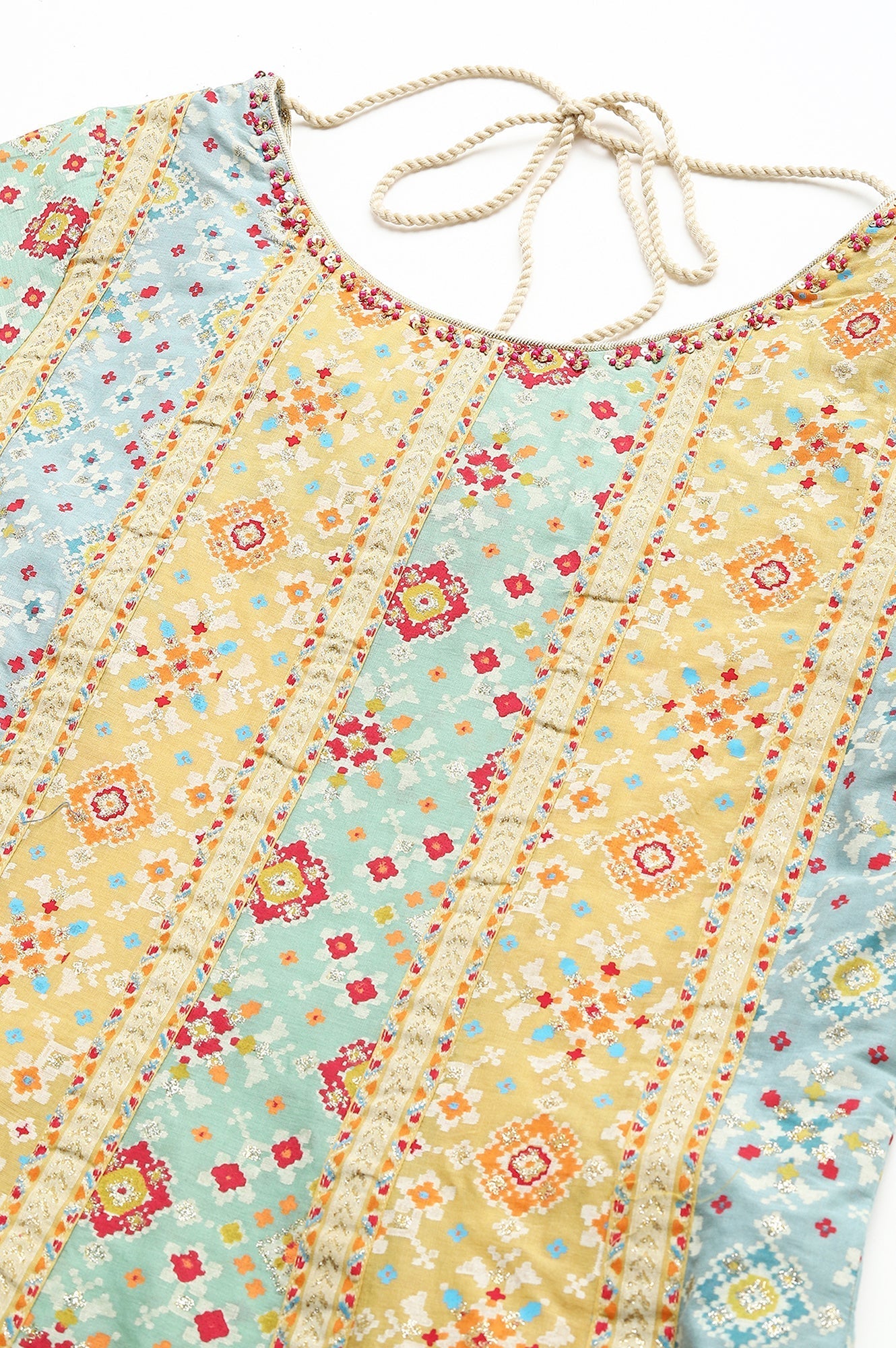 W for Woman Light Green And Yellow Panelled kurta With Bead Work