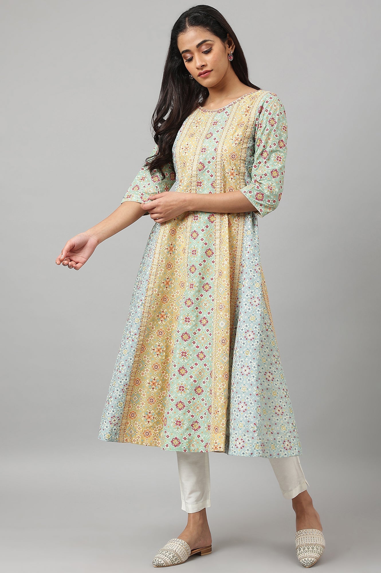 W for Woman Light Green and Yellow Panelled Kurta with Bead work