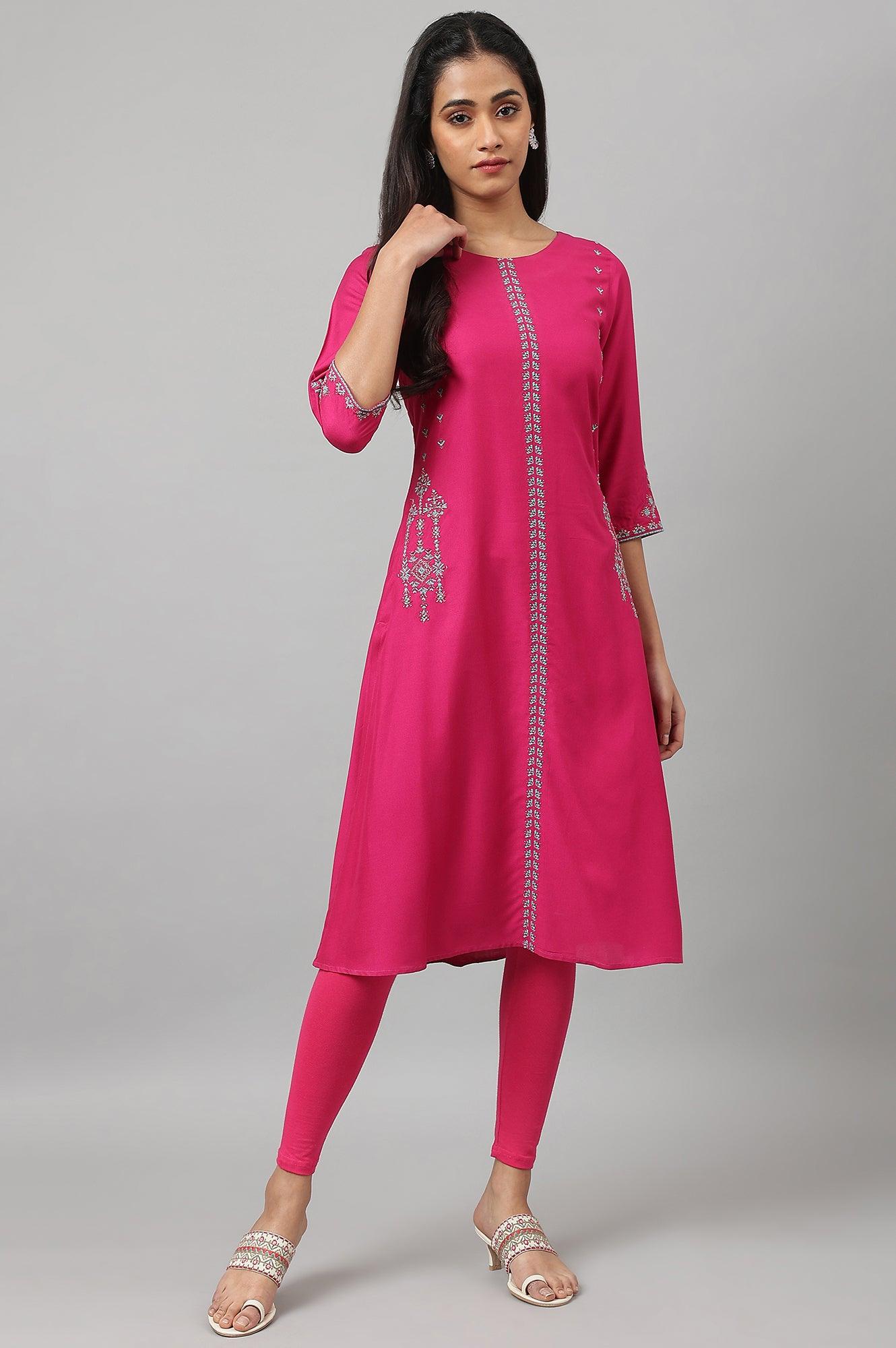 W for Woman Dark Pink Embroidered A-Line kurta