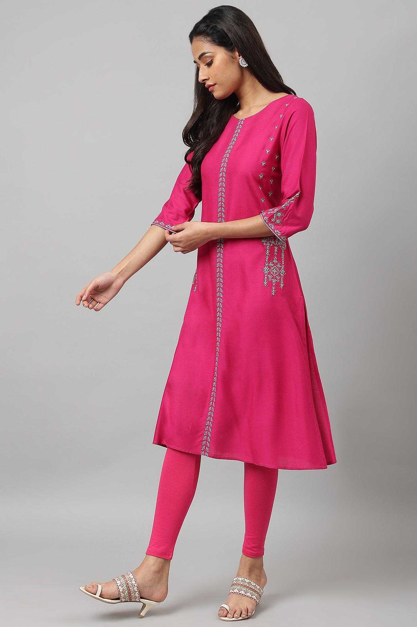 W for Woman Dark Pink Embroidered A-Line kurta