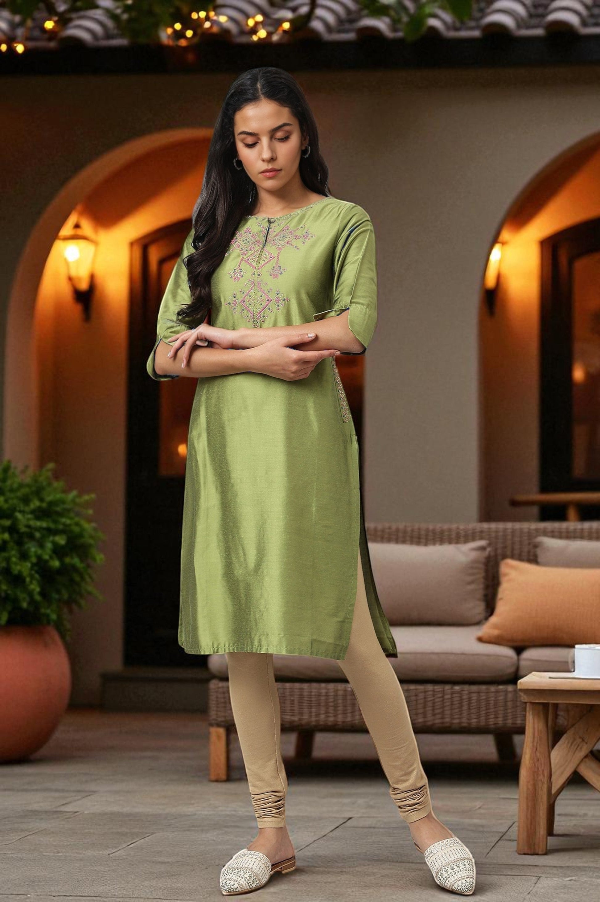 W for Woman Olive Embroidered Straight kurta