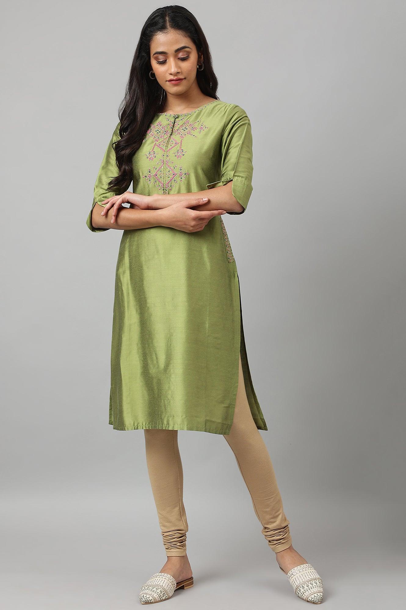 W for Woman Olive Embroidered Straight kurta