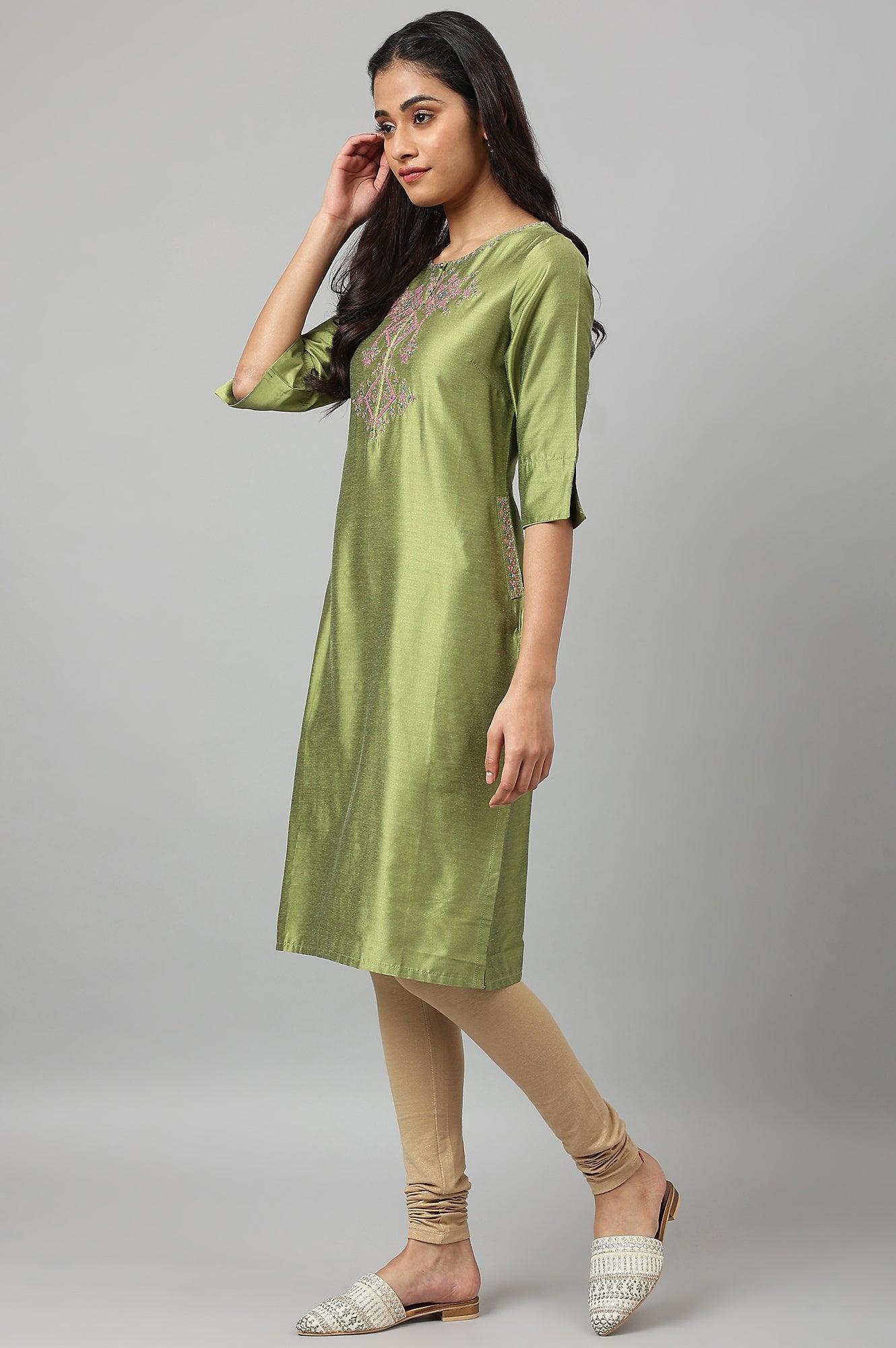 W for Woman Olive Embroidered Straight kurta