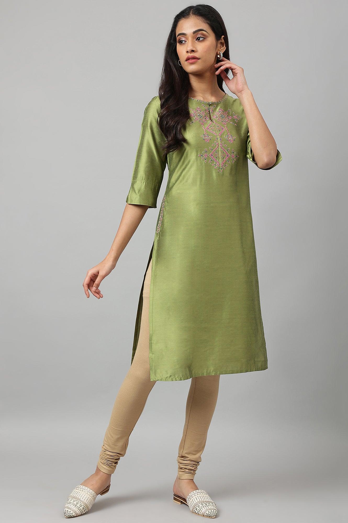 W for Woman Olive Embroidered Straight kurta
