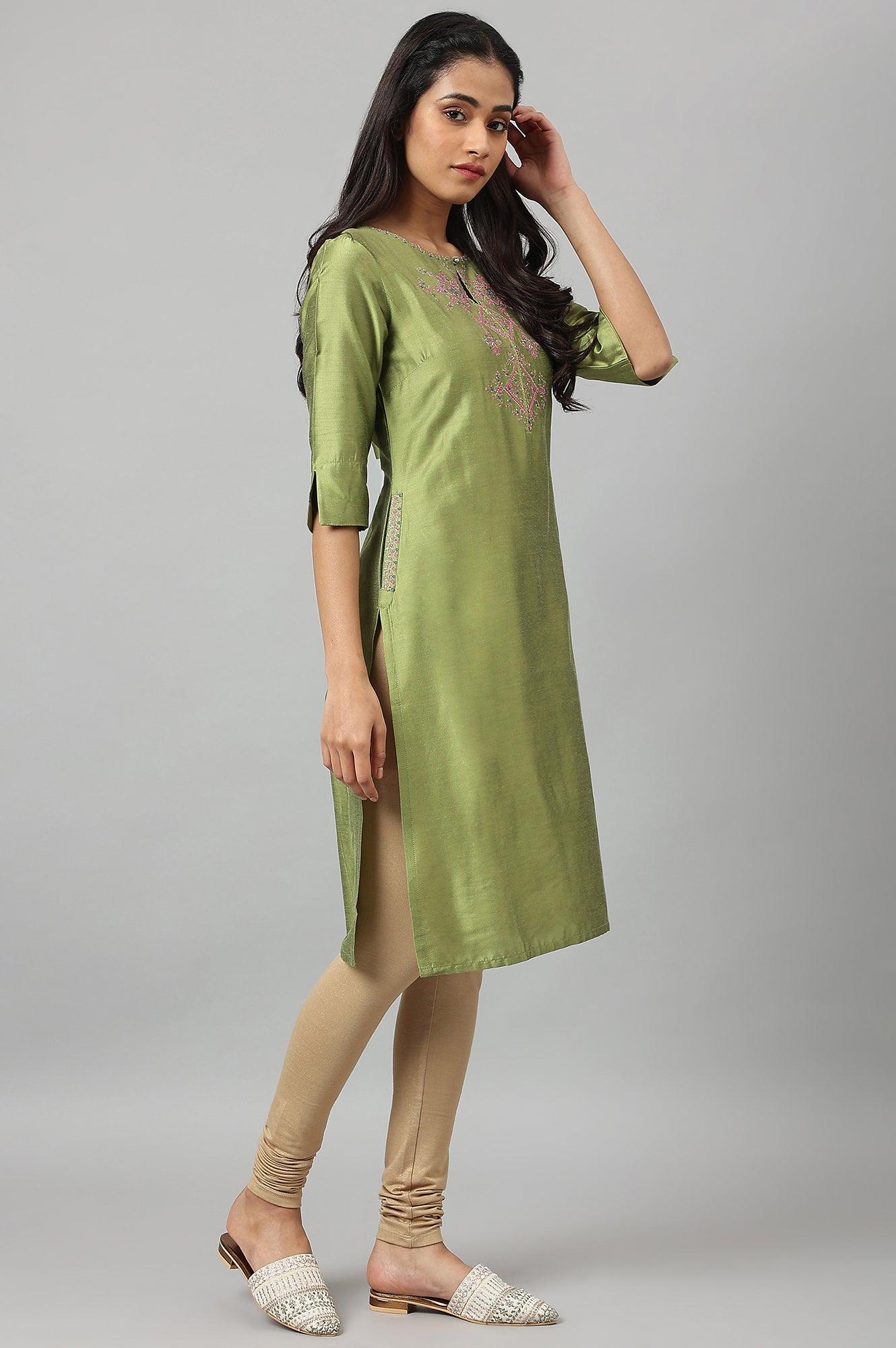 W for Woman Olive Embroidered Straight kurta