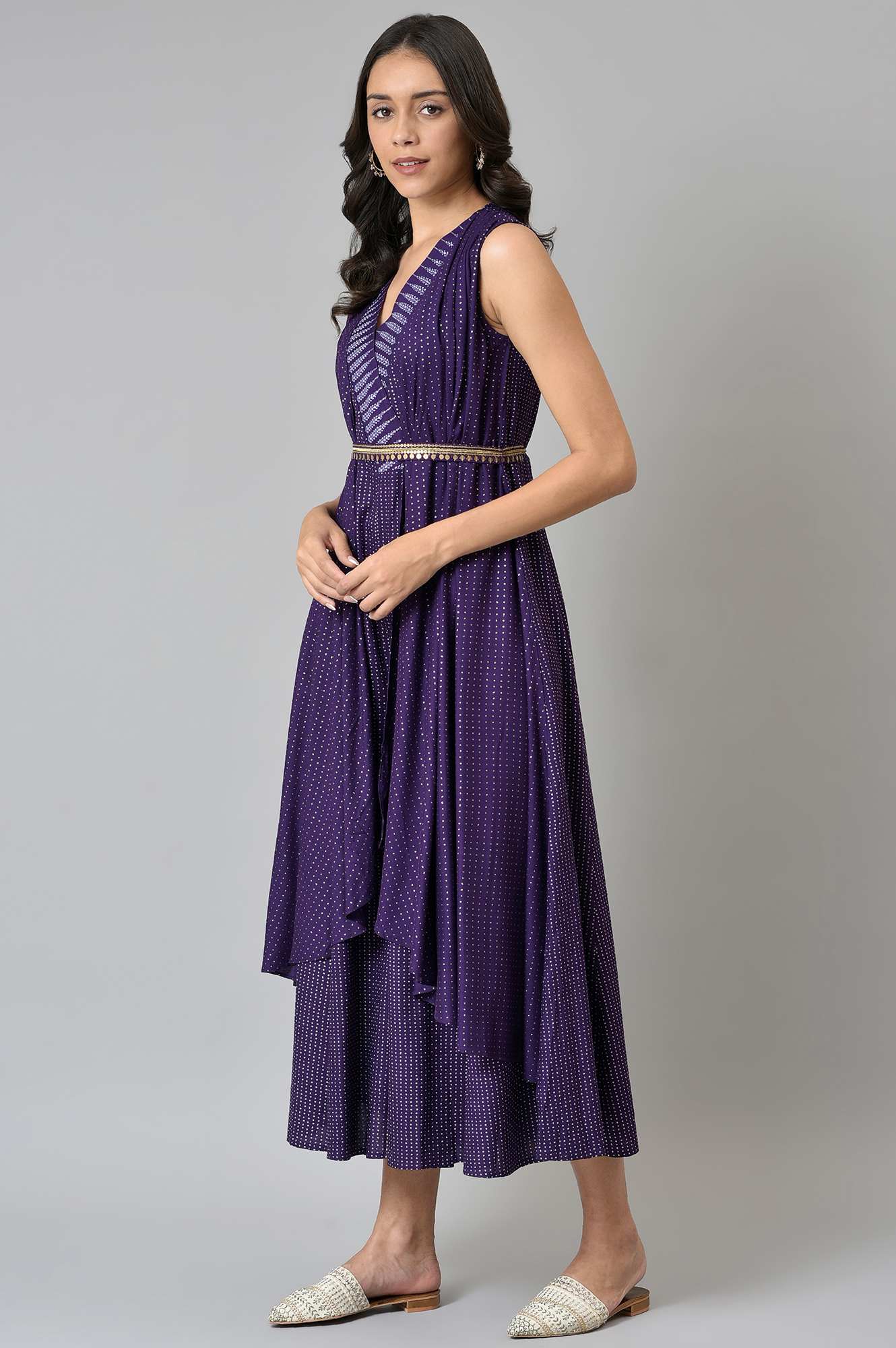 W for Woman Purple Gillet Jumpsuit With Embellished Belt