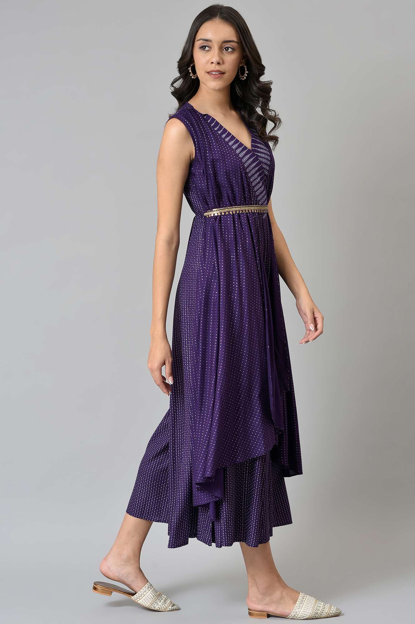 W for Woman Purple Gillet Jumpsuit With Embellished Belt