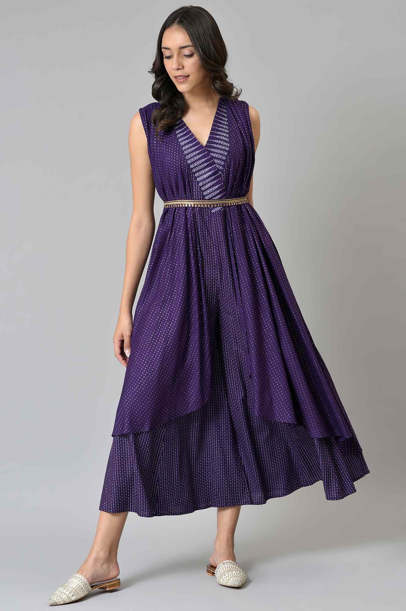 W for Woman Purple Gillet Jumpsuit With Embellished Belt
