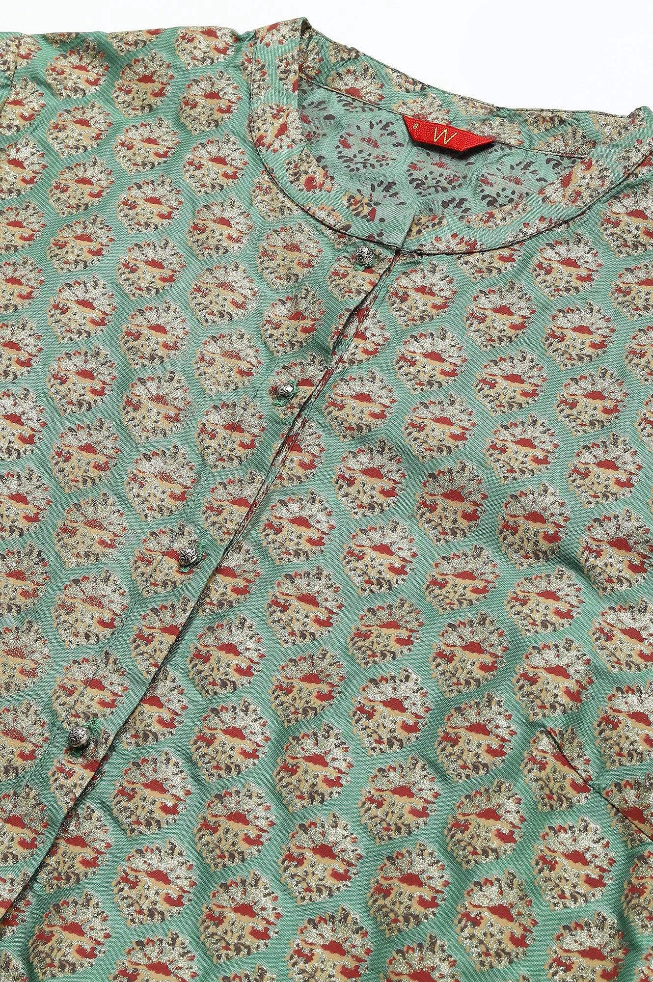 W for Woman Green Glitter Printed kurta In Mandarin Collar