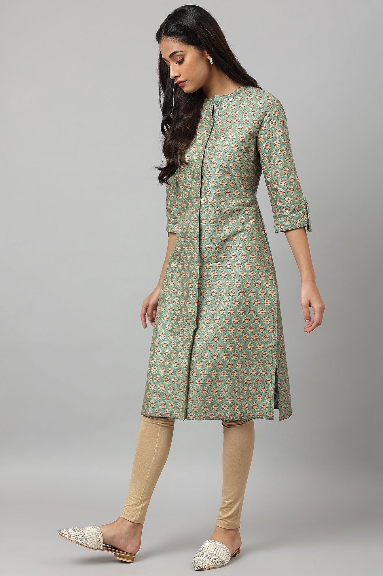 W for Woman Green Glitter Printed kurta In Mandarin Collar