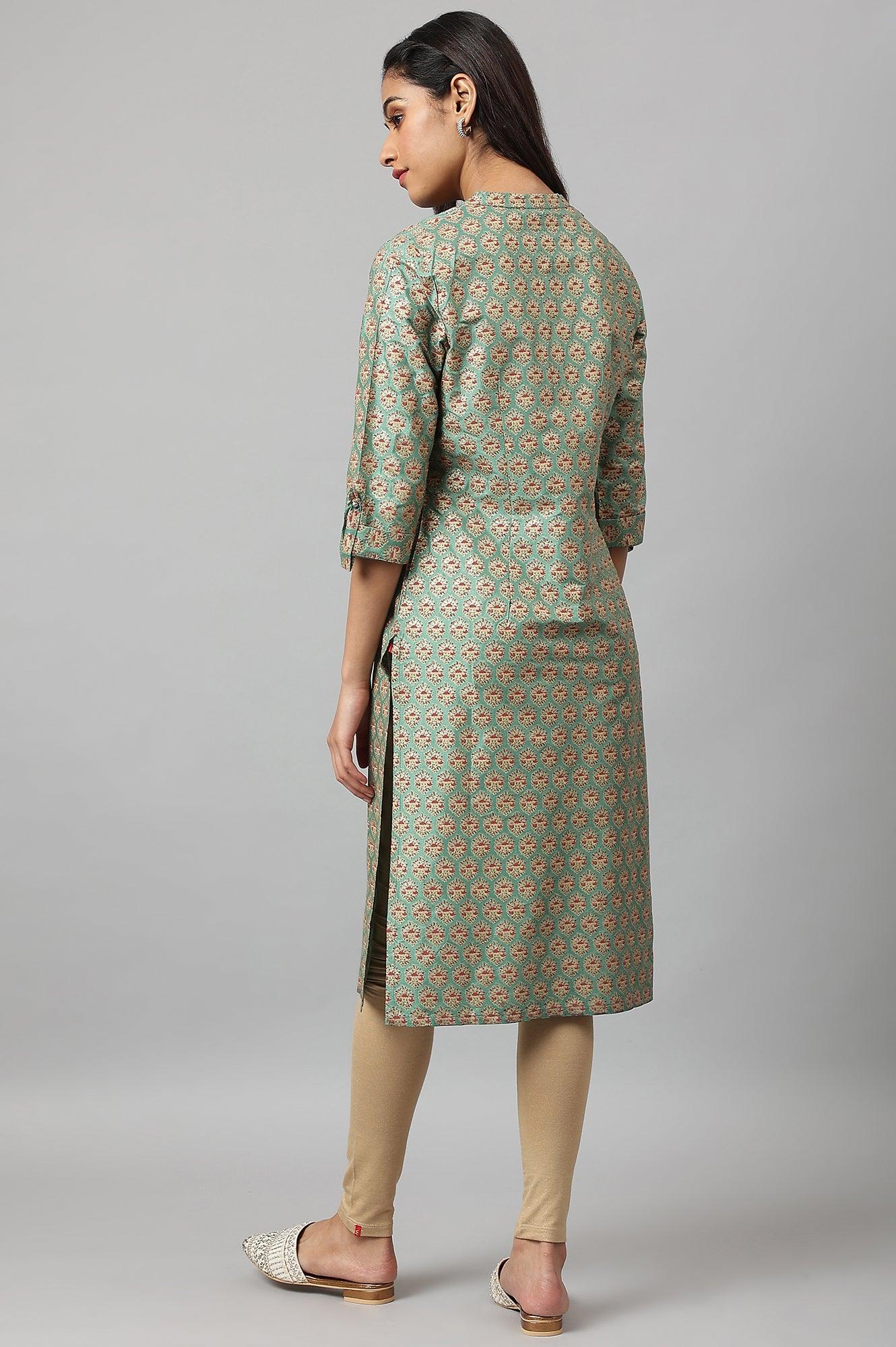 W for Woman Green Glitter Printed kurta In Mandarin Collar