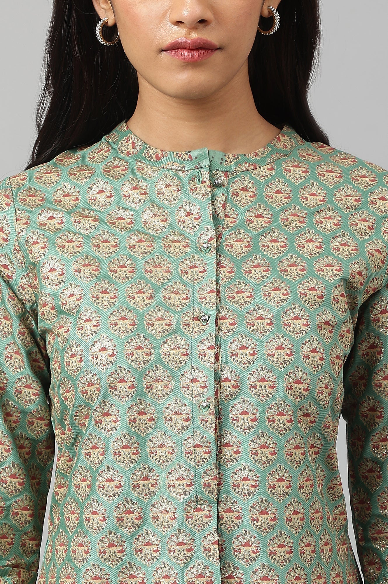 W for Woman Light Green Floral Printed Beads Shantung Straight Kurta and Slim Pant Set