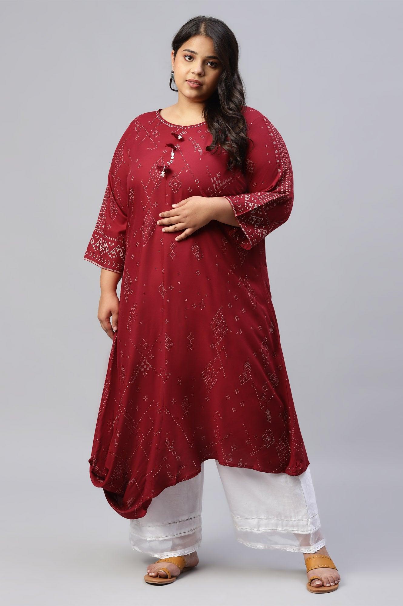 W for Woman Plus Size Maroon Cowl Hemline kurta With Shell Detail
