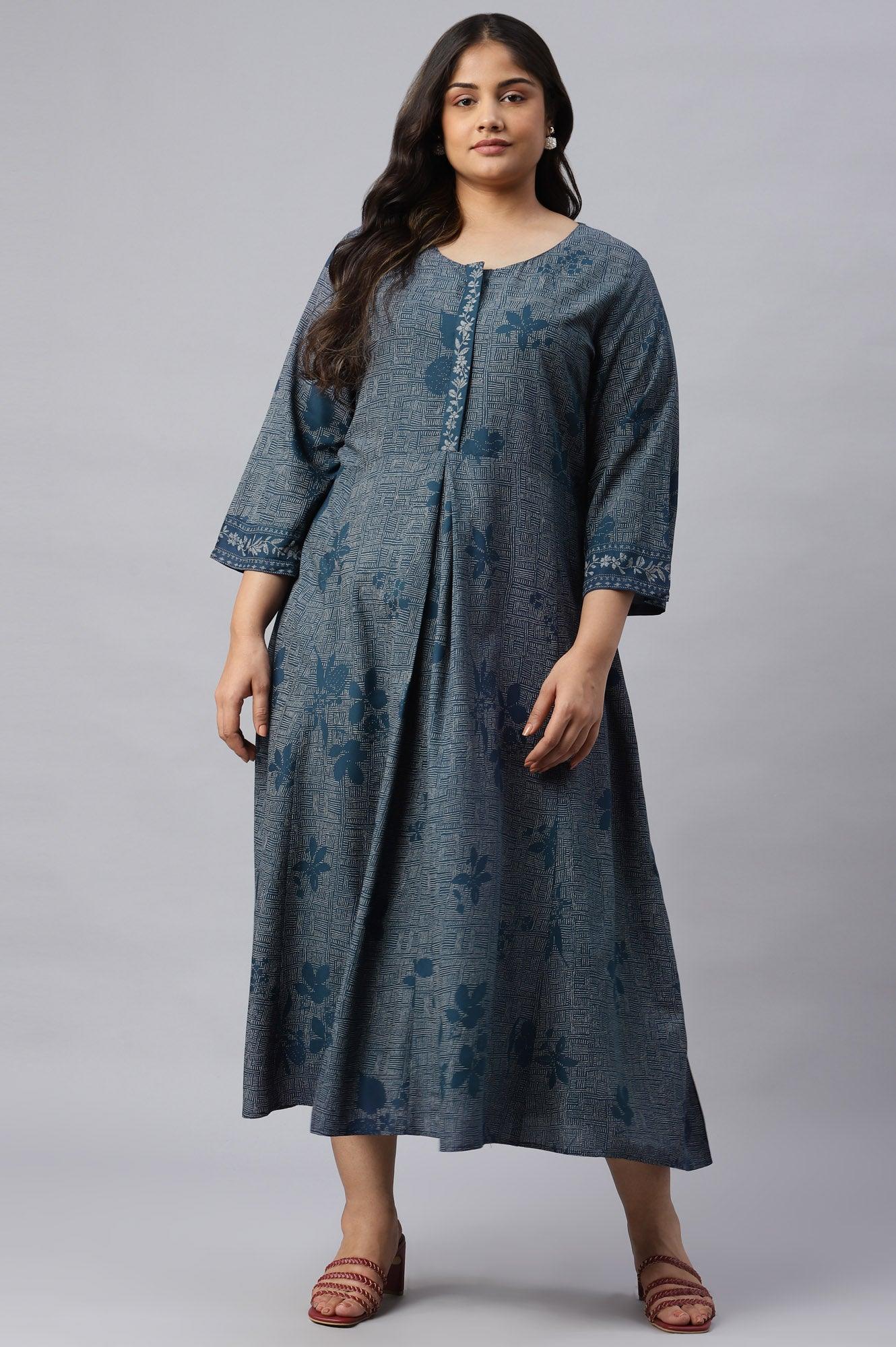 W for Woman Plus Size Blue Floral Printed Flared Indie Dress