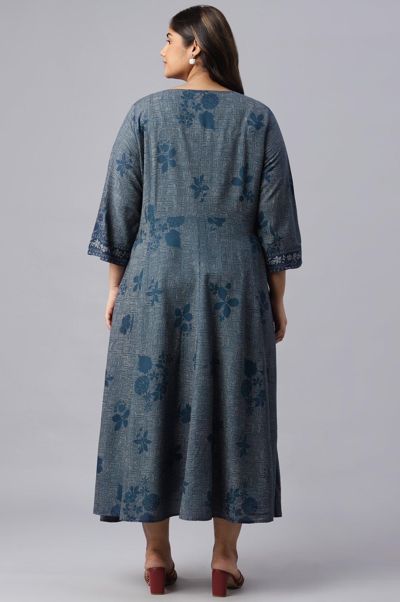 W for Woman Plus Size Blue Floral Printed Flared Indie Dress