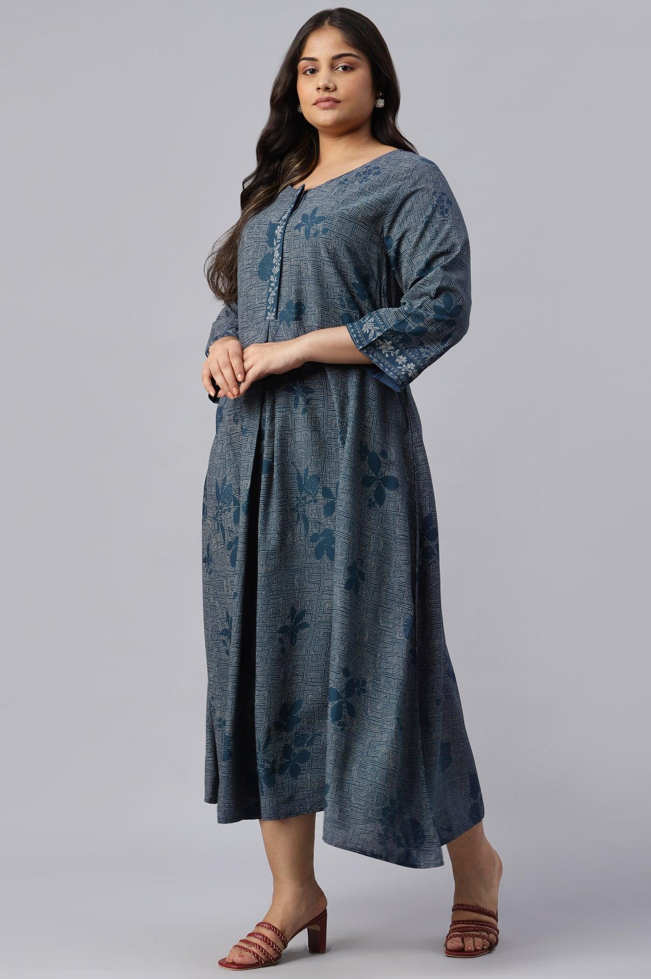 W for Woman Plus Size Blue Floral Printed Flared Indie Dress