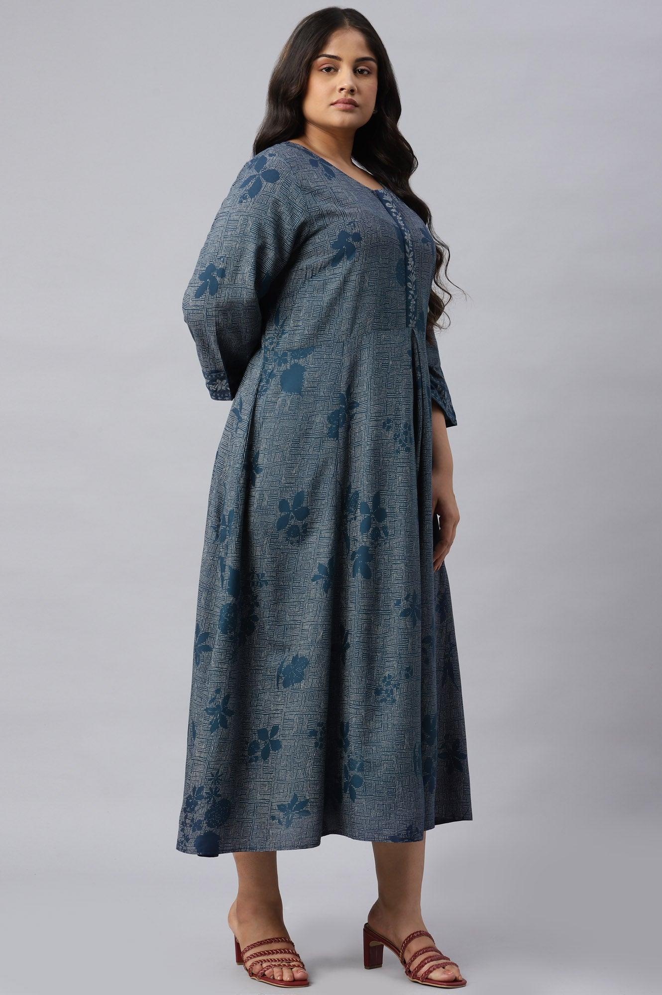 W for Woman Plus Size Blue Floral Printed Flared Indie Dress