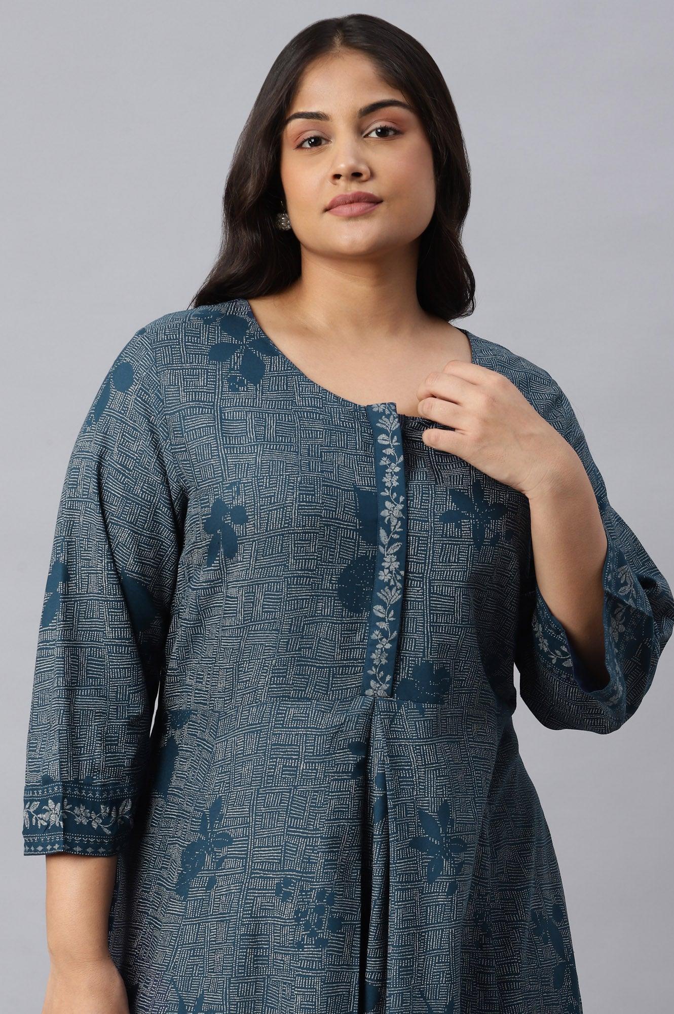 W for Woman Plus Size Blue Floral Printed Flared Indie Dress