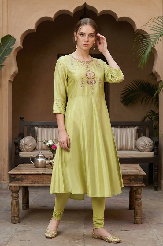 W for Woman Green Embroidered A-Line kurta