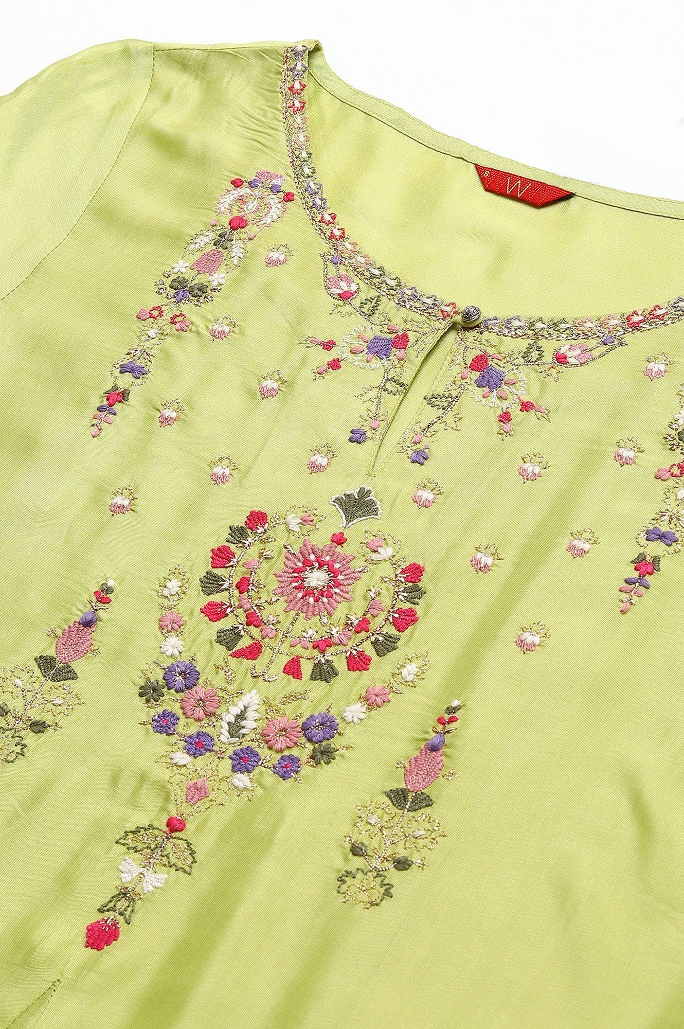 W for Woman Green Embroidered A-Line Kurta