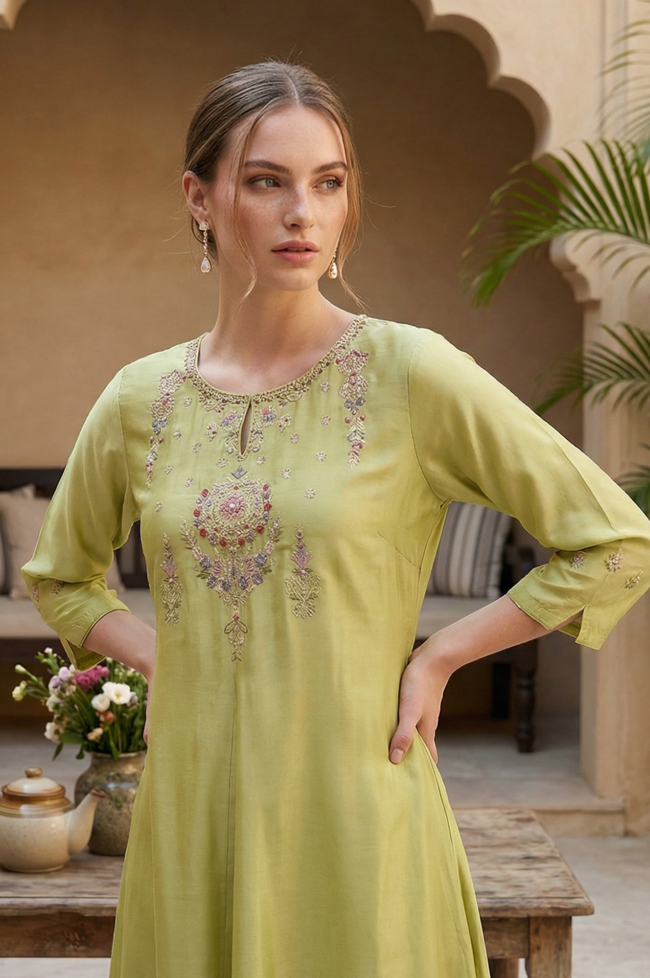 W for Woman Green Embroidered A-Line kurta