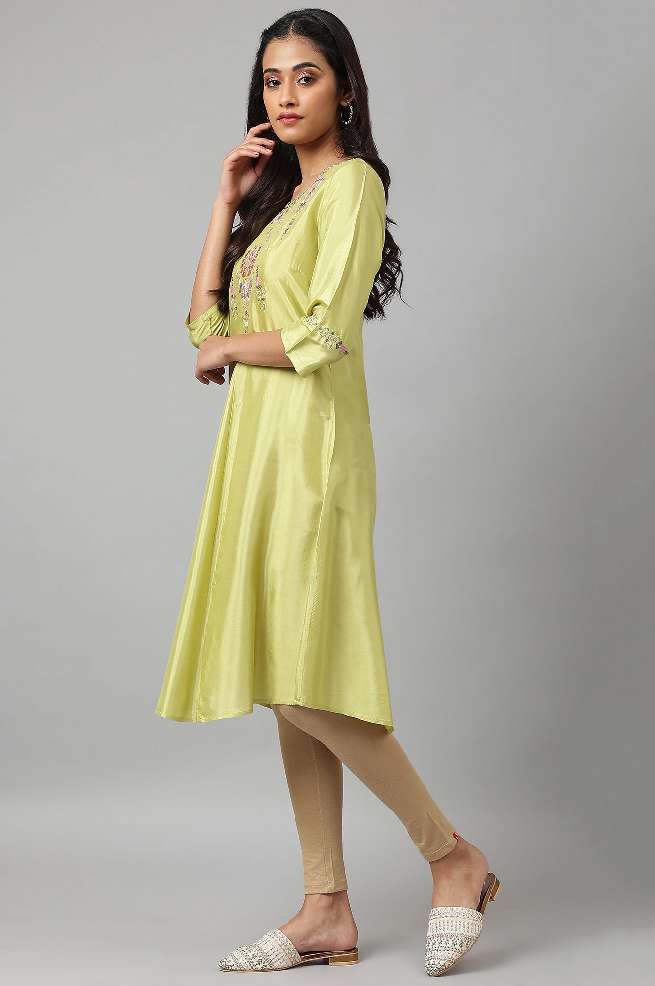 W for Woman Green Embroidered A-Line Kurta