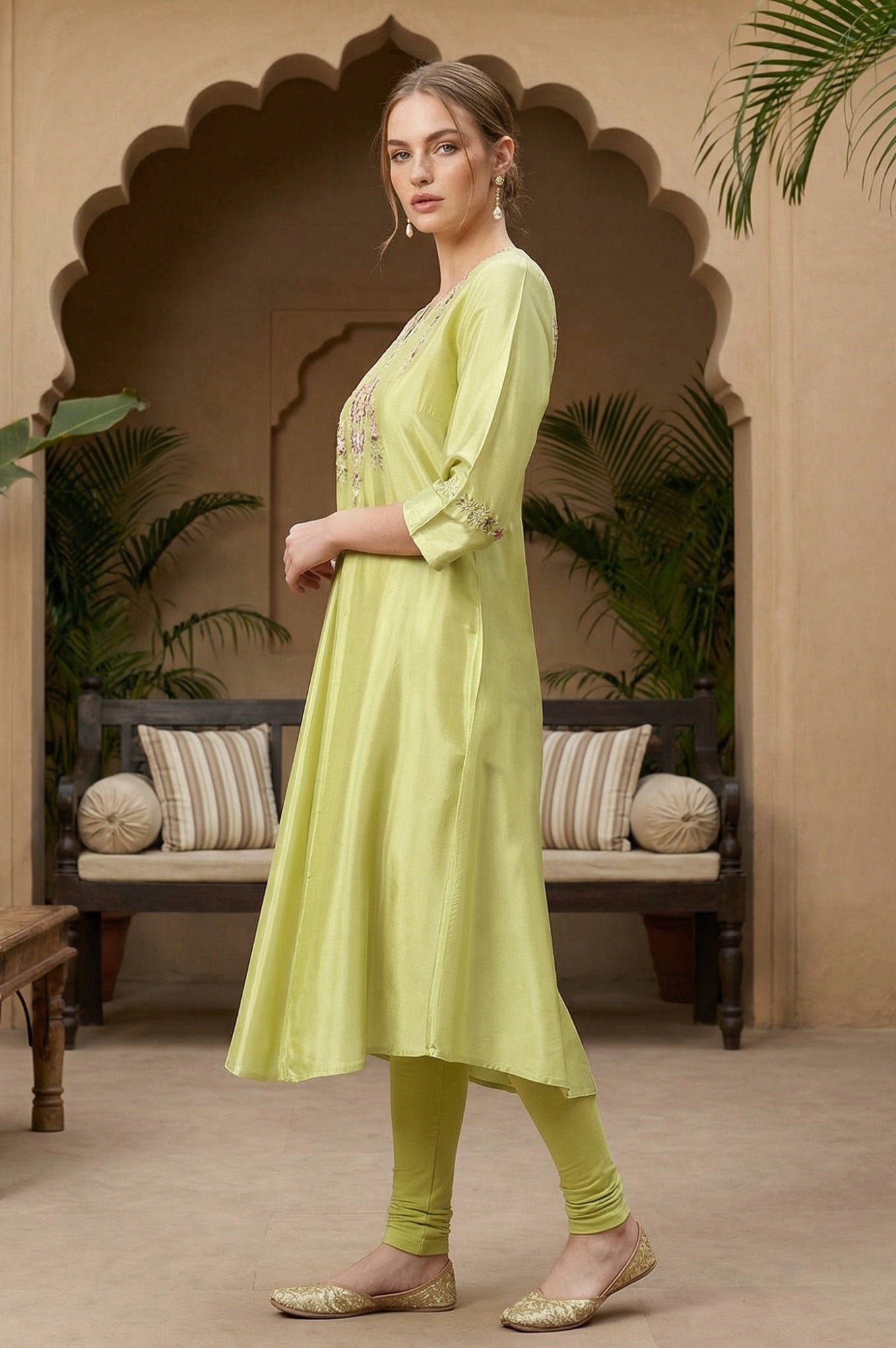 W for Woman Green Embroidered A-Line kurta