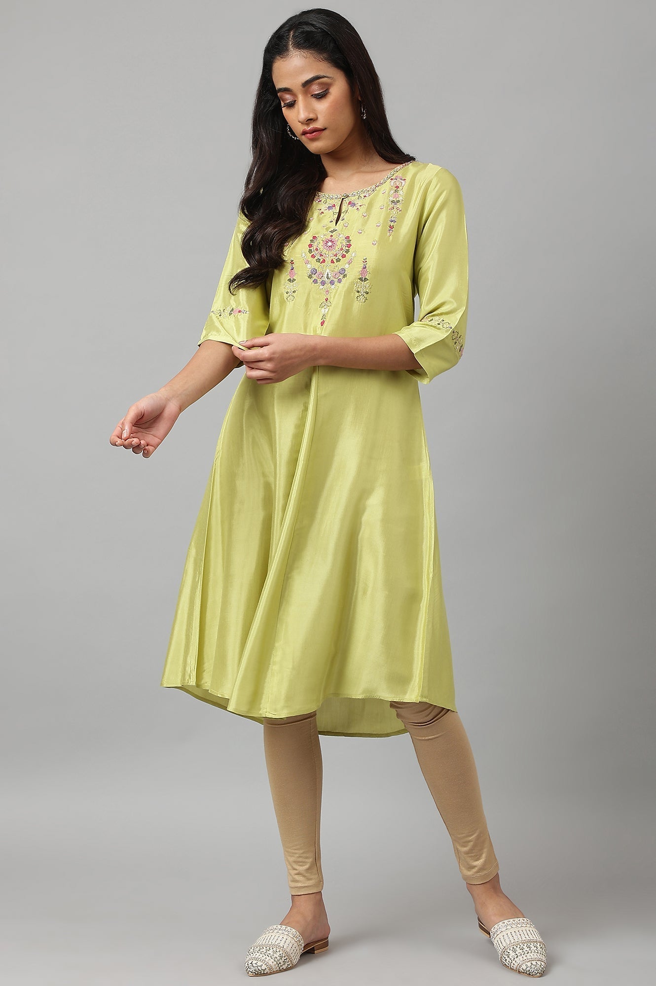W for Woman Green Embroidered A-Line Kurta