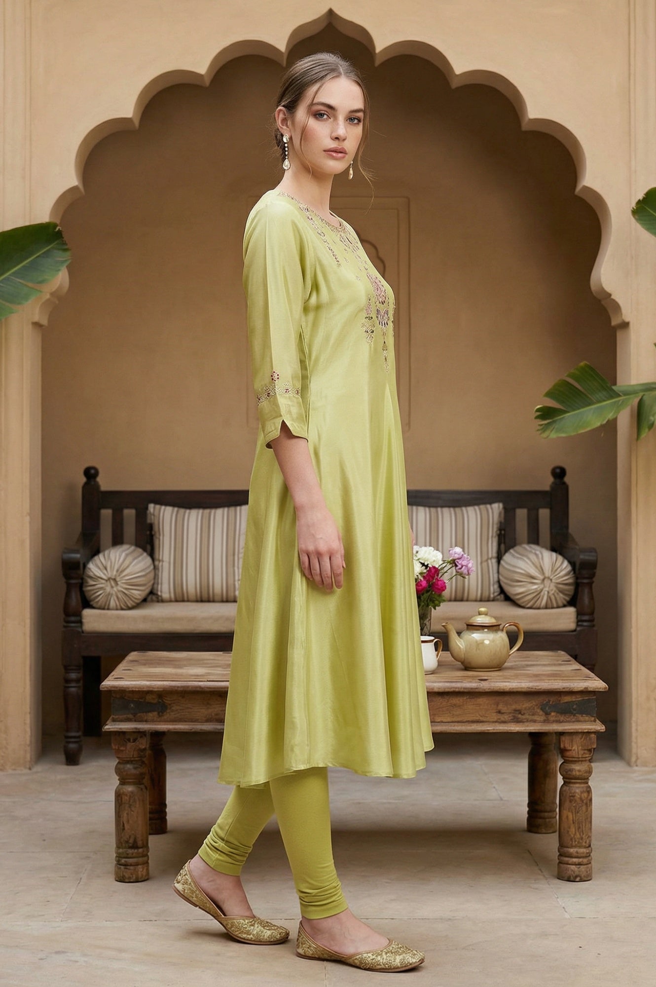 W for Woman Green Embroidered A-Line kurta