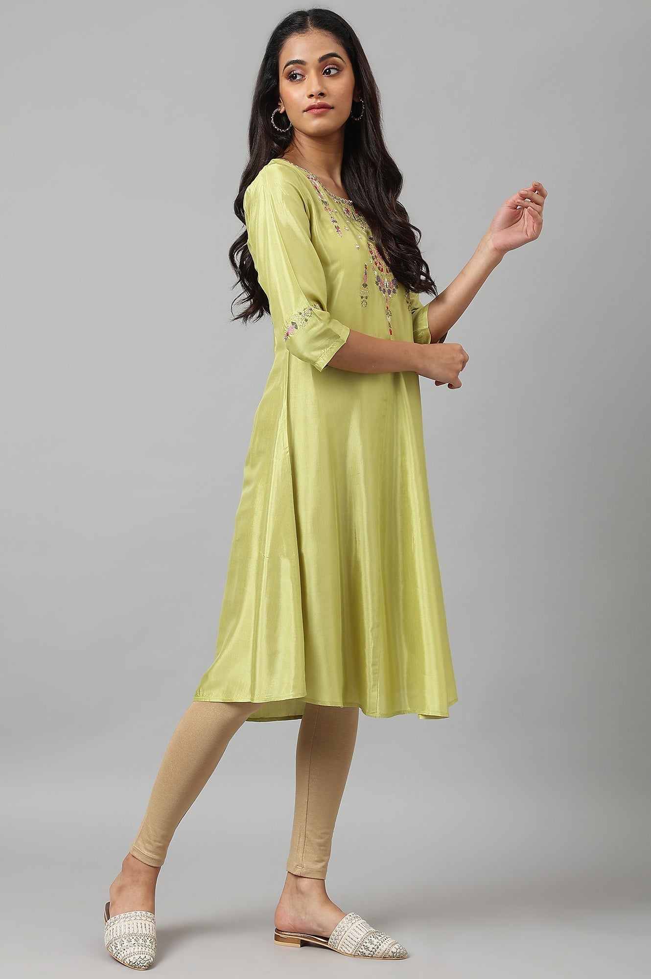 W for Woman Green Embroidered A-Line Kurta