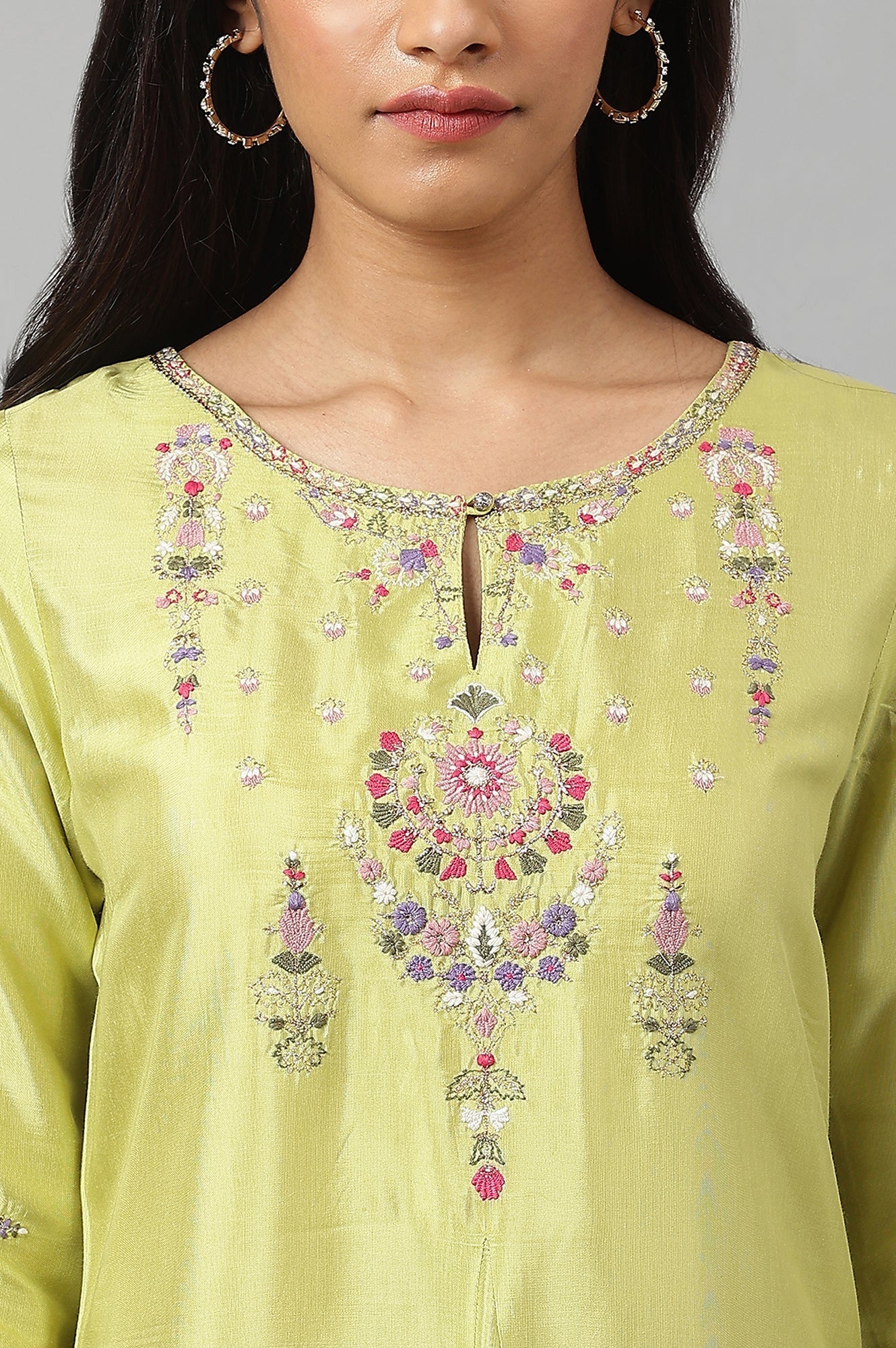 W for Woman Green Embroidered A-Line Kurta