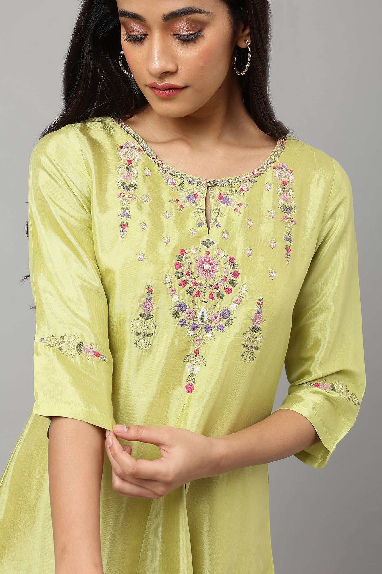 W for Woman Green Embroidered A-Line Kurta