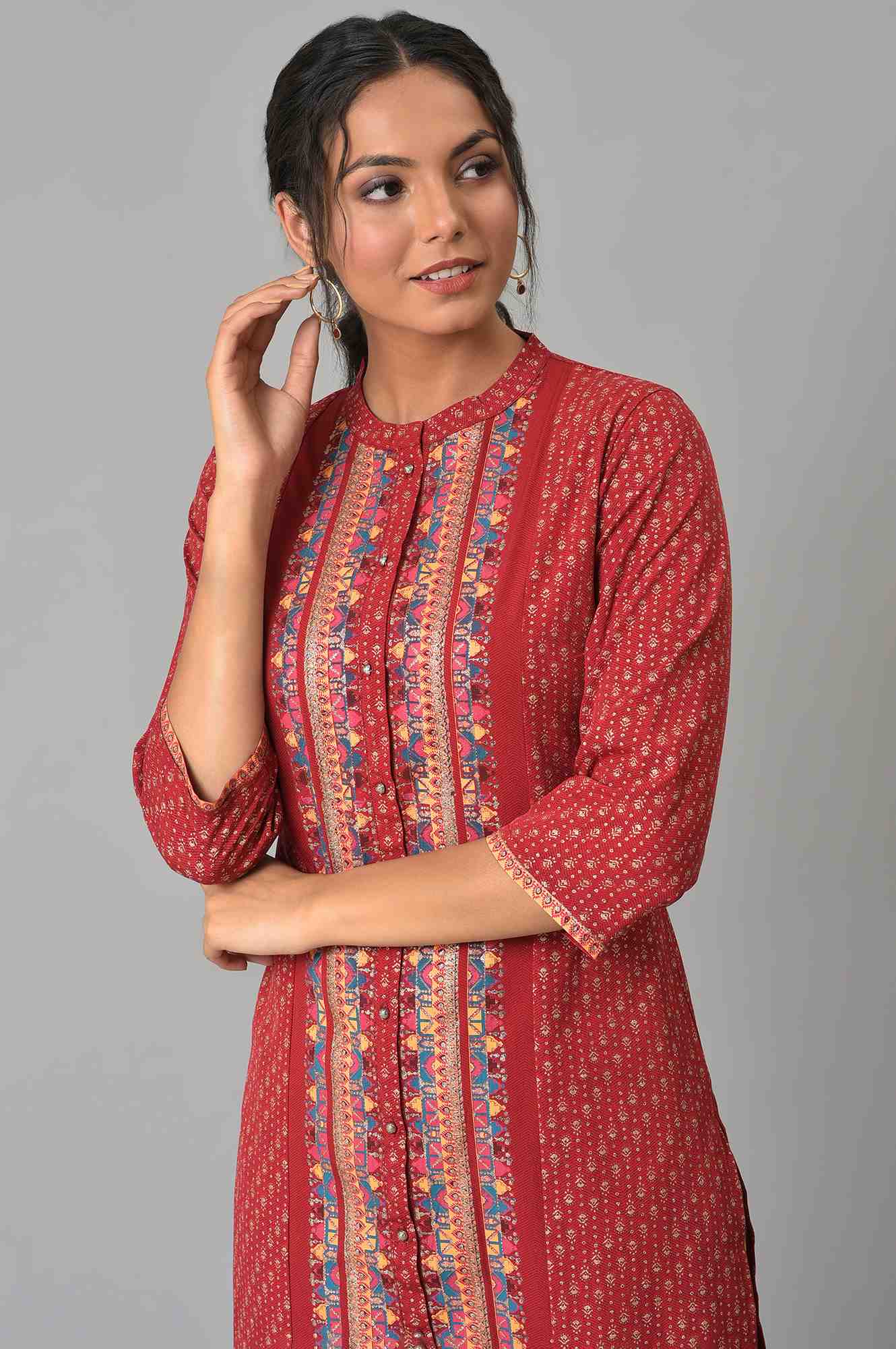 W for Woman Red Geometric Printed American Crepe Straight Kurta with Slim Pant Set