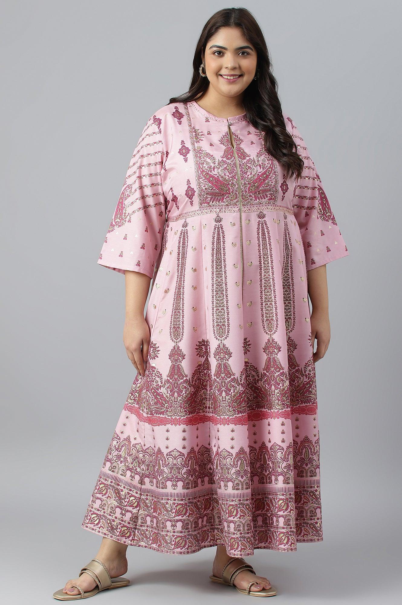 W for Woman Plus Size Cameo Pink Floral Printed Festive Dress