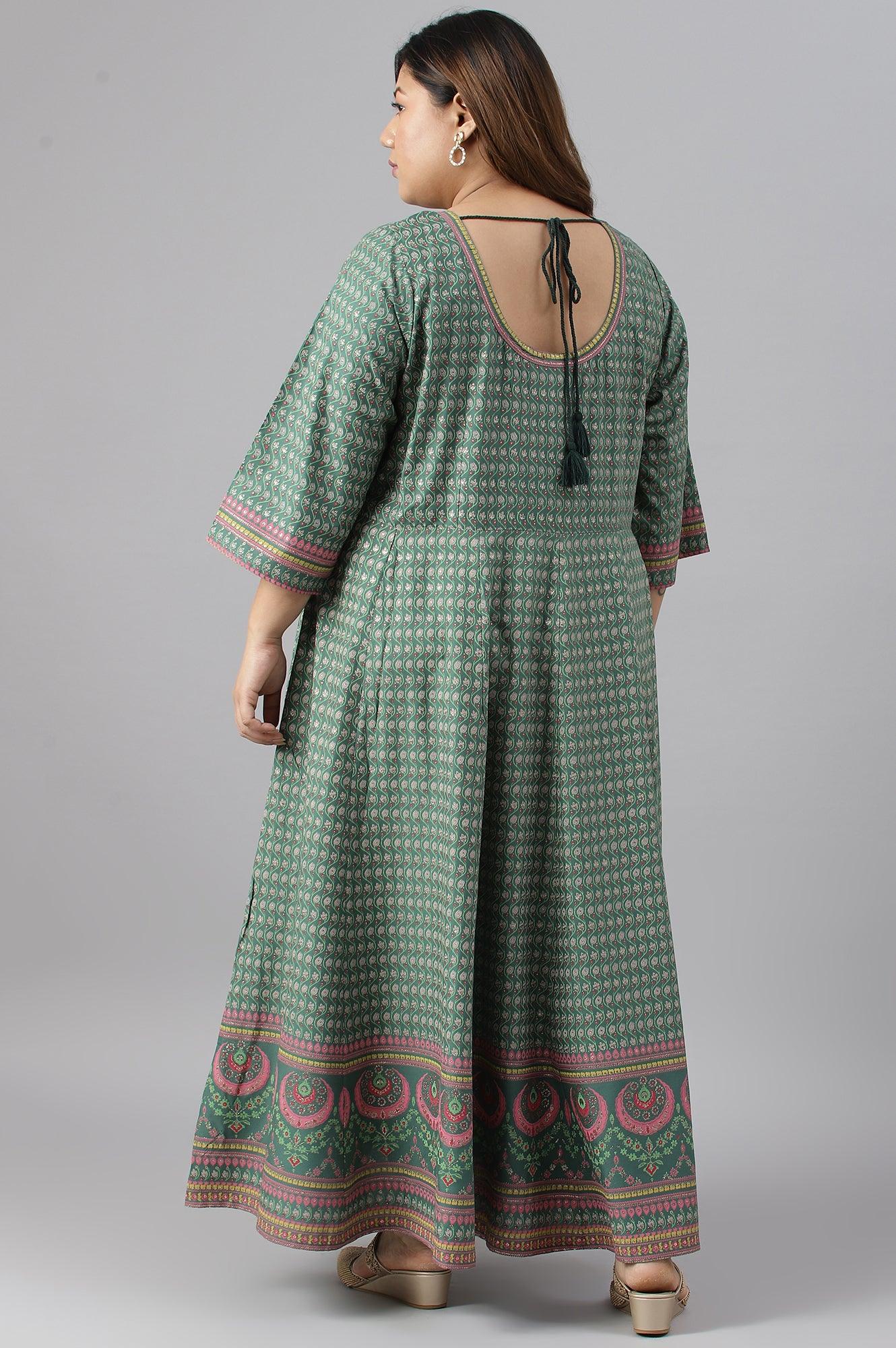 W for Woman Leaf Green Glitter Printed Kalidar Plus Size Dress