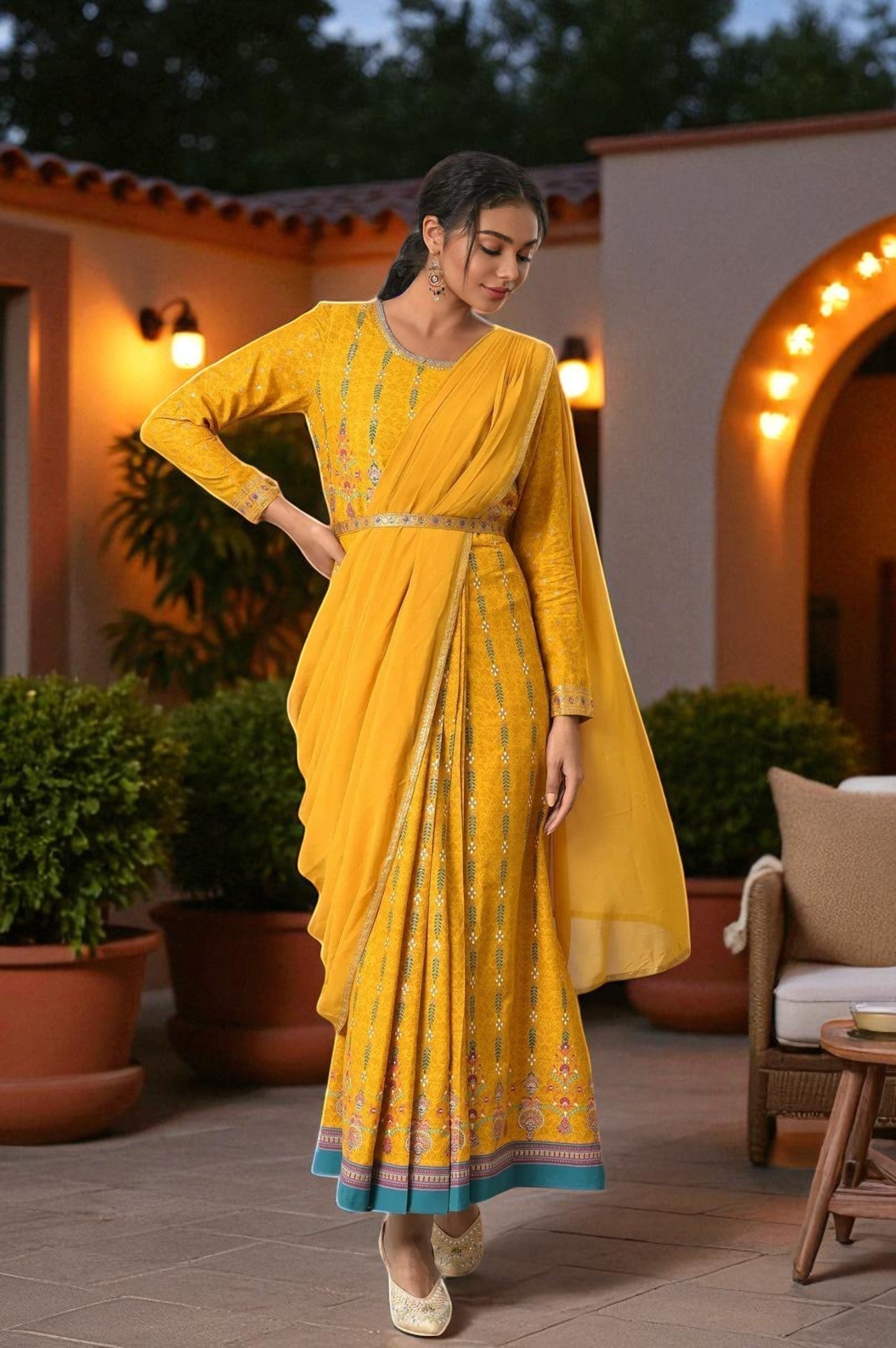 W for Woman Yellow Glitter Printed Festive Pre-drape Grab2Buy Dress with Belt  Grab2Buy WforWoman Grab2Buy