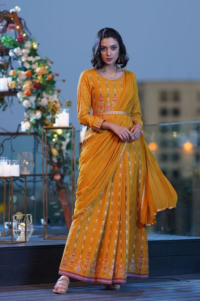 W for Woman Yellow Glitter Printed Festive Pre-drape Grab2Buy Dress with Belt  Grab2Buy WforWoman Grab2Buy