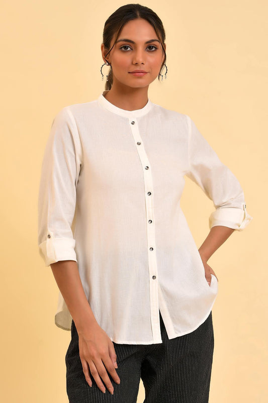 W for Woman Plus Size Ecru Cotton Flax Button Down Western Top