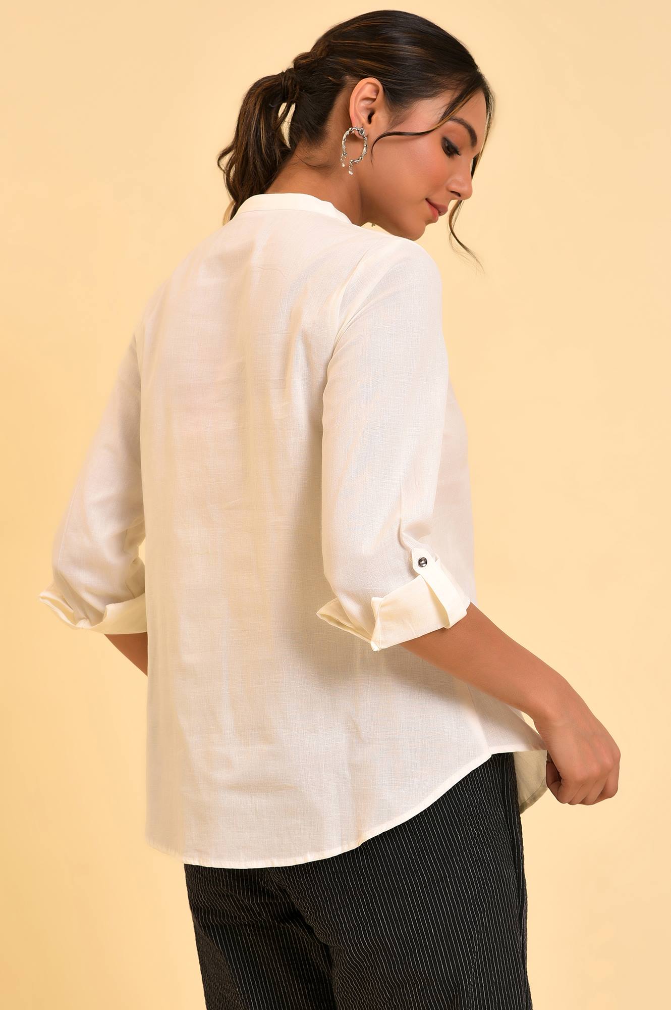 W for Woman Ecru Cotton Flax Button Down Western Top